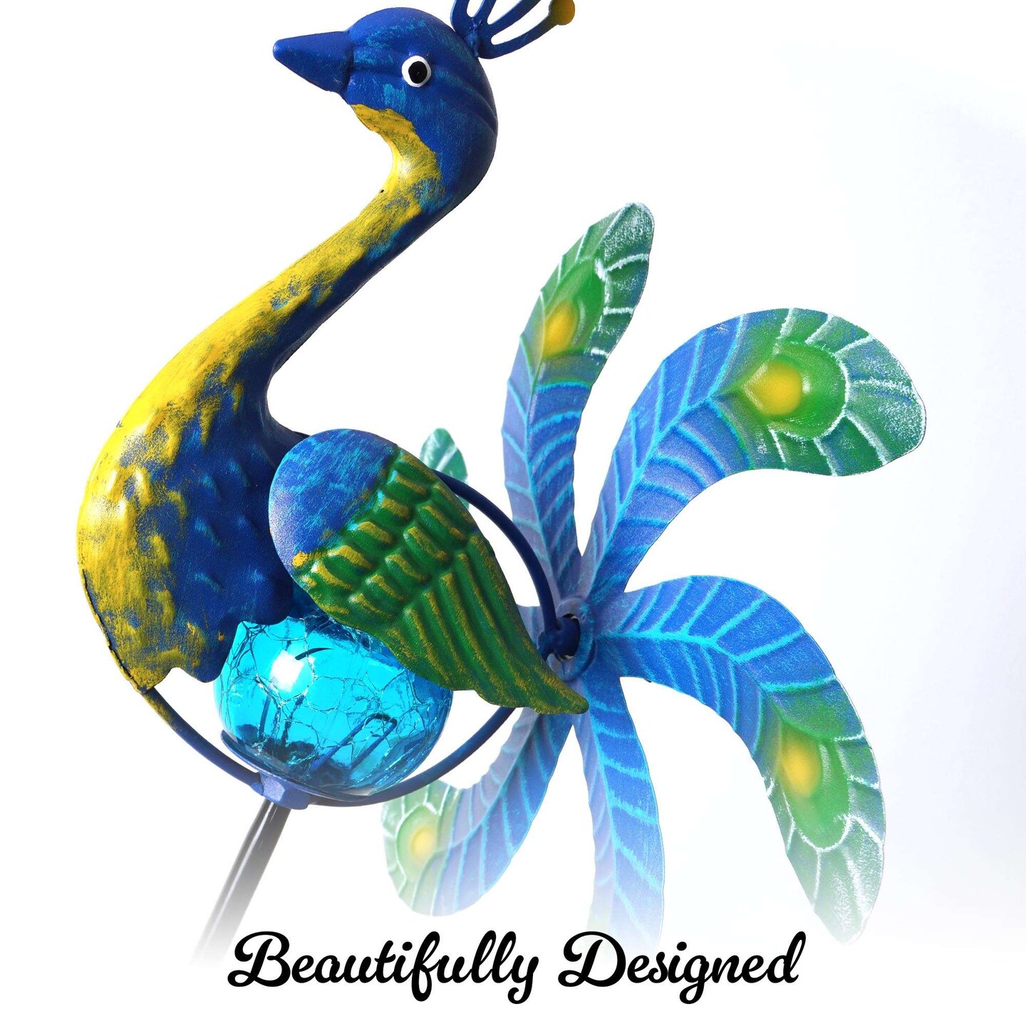 G128 Solar Peacock Metal Yard Wind Spinner Stake | Outdoor 38 inch Peacock Statue with LED Lights Decorations Swivel Wind Spinner for Patio Garden Backyard