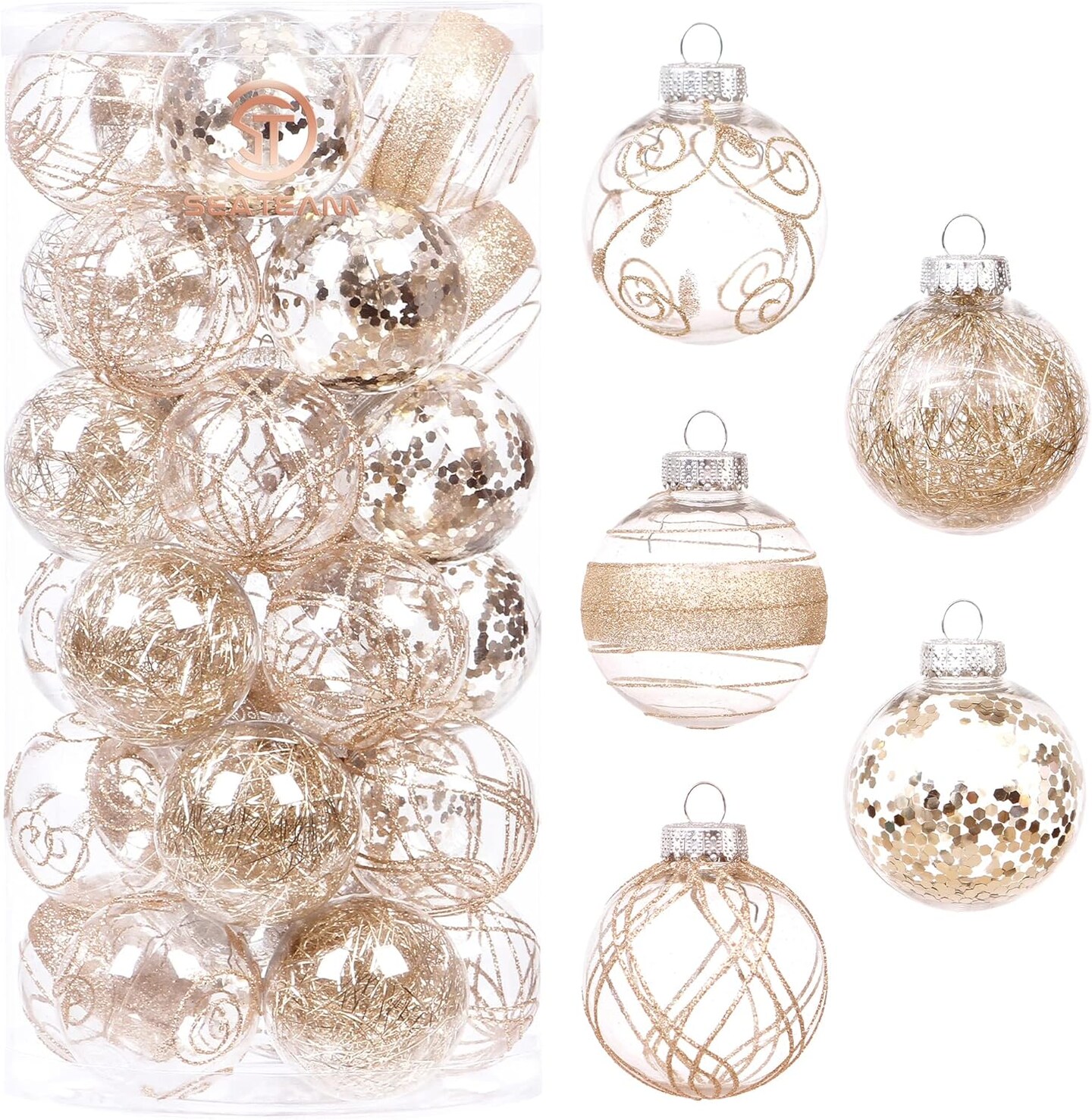 Shatterproof Clear Plastic Christmas Ball Ornaments Set (Champagne) - 6.3 x 6.3 x 12.6 inches