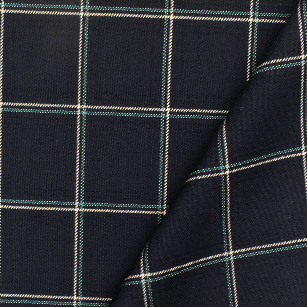 Deep Navy-Beige-Green Check Wool-Poly Twill Woven Suiting Fabric By the Yard