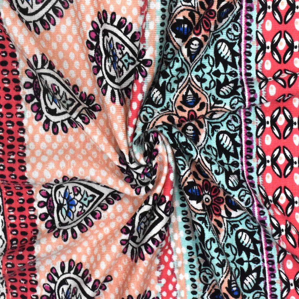 Teal-Red-Multi Moroccan Stripe Printed Rayon Stretch Jersey Knit Fabric By the Yard