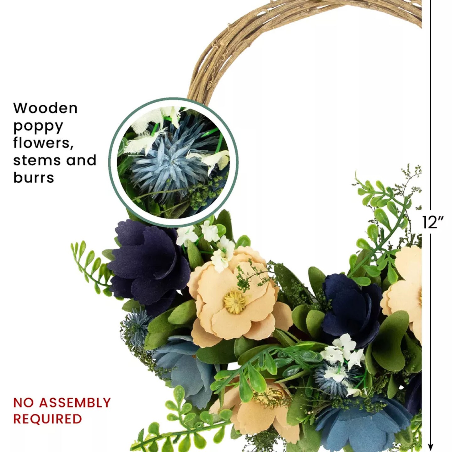 12-Inch Blue and Tan Poppy Floral Wooden Basket Wreath Rustic Spring Wall Decor