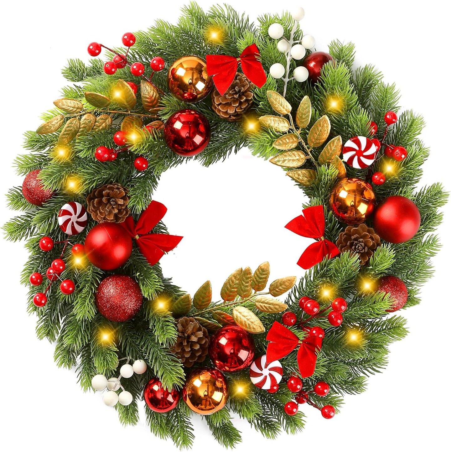 17 Inch Artificial Christmas Wreath for Front Door with 20 LED Lights (Green) 11.8&#x22;D x 7.8&#x22;W x 0.3&#x22;H