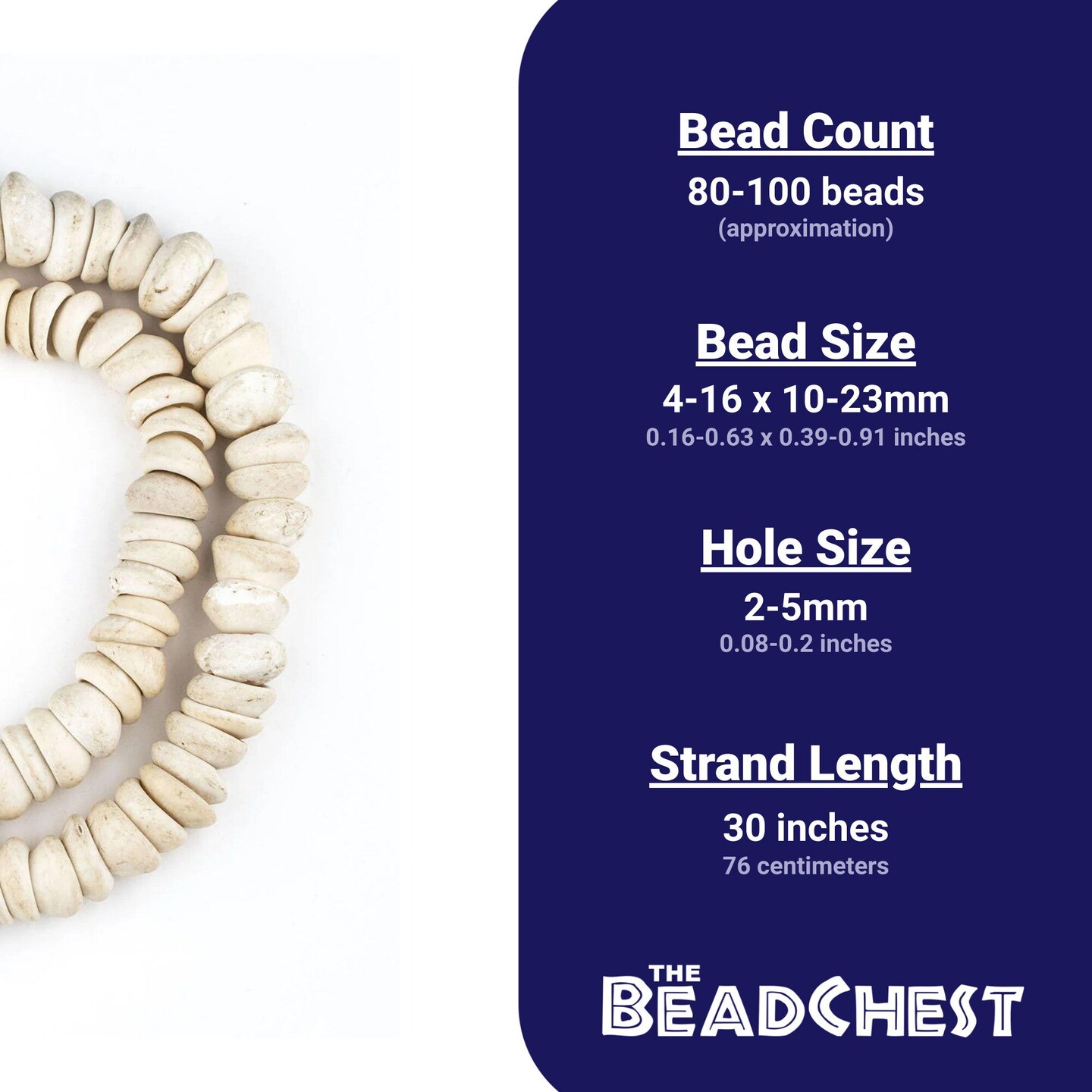 The Bead Chest Natural West African Shell Beads White 17mm Ghana Unusual Large Hole 30 Inch Strand Handmade