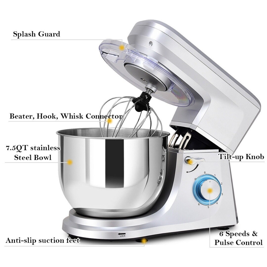 6 Speeds 7.5QT Stand Mixer with 660W Motor and Tilt-Head Included Stainless Steel Bowl for Baking