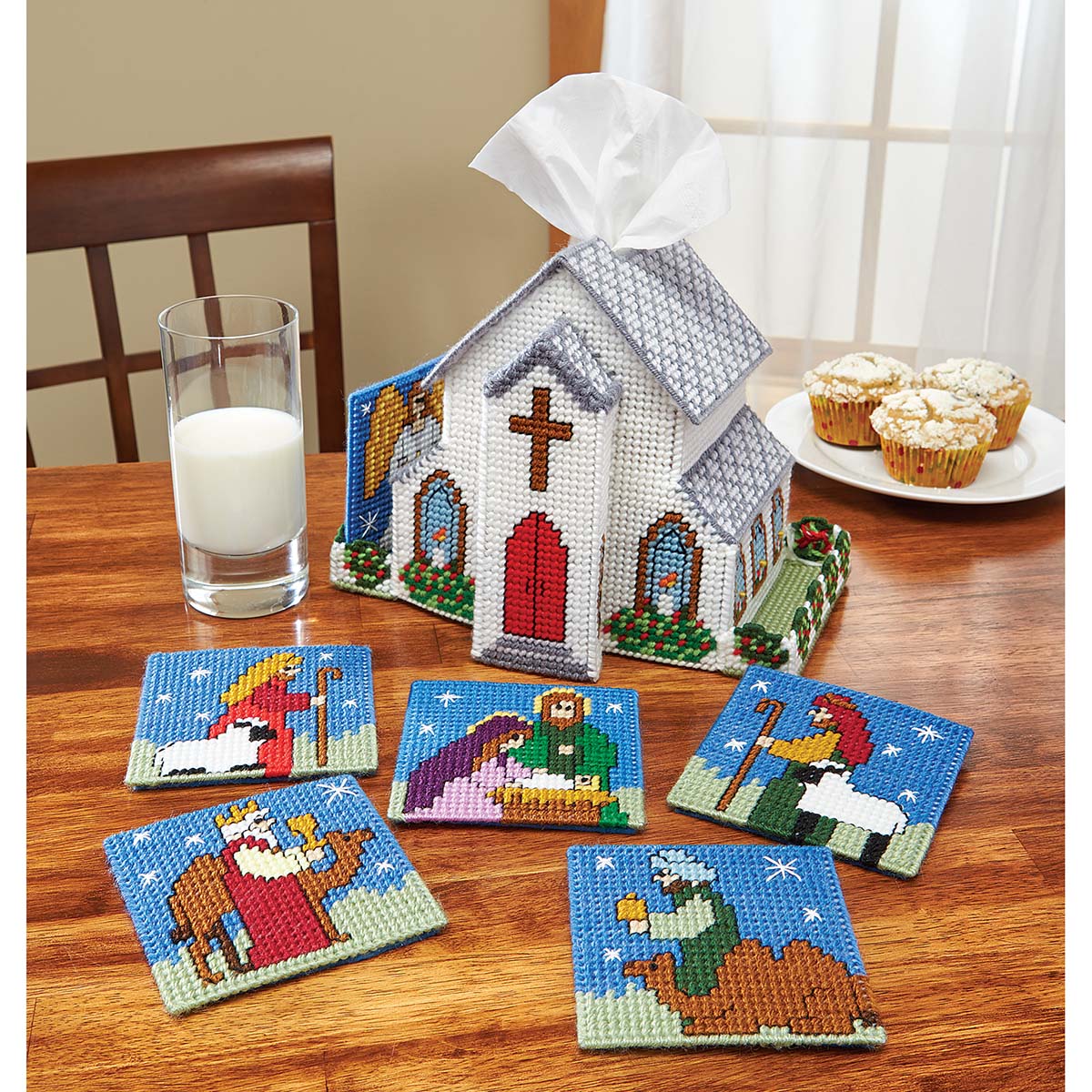 Herrschners  Christmas Church Tissue Box & Nativity Coasters Plastic Canvas Kit