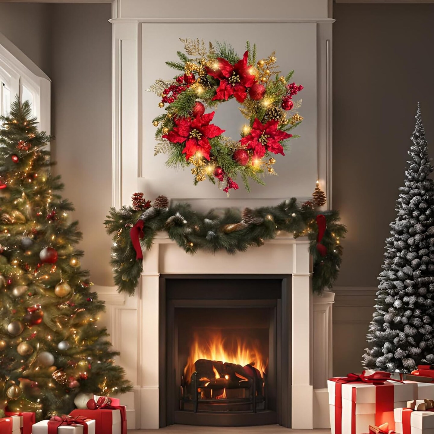 22 Inch Lighted Golden Glitter Christmas Wreath (Multicolor) 7"D x 22"W x 22"H