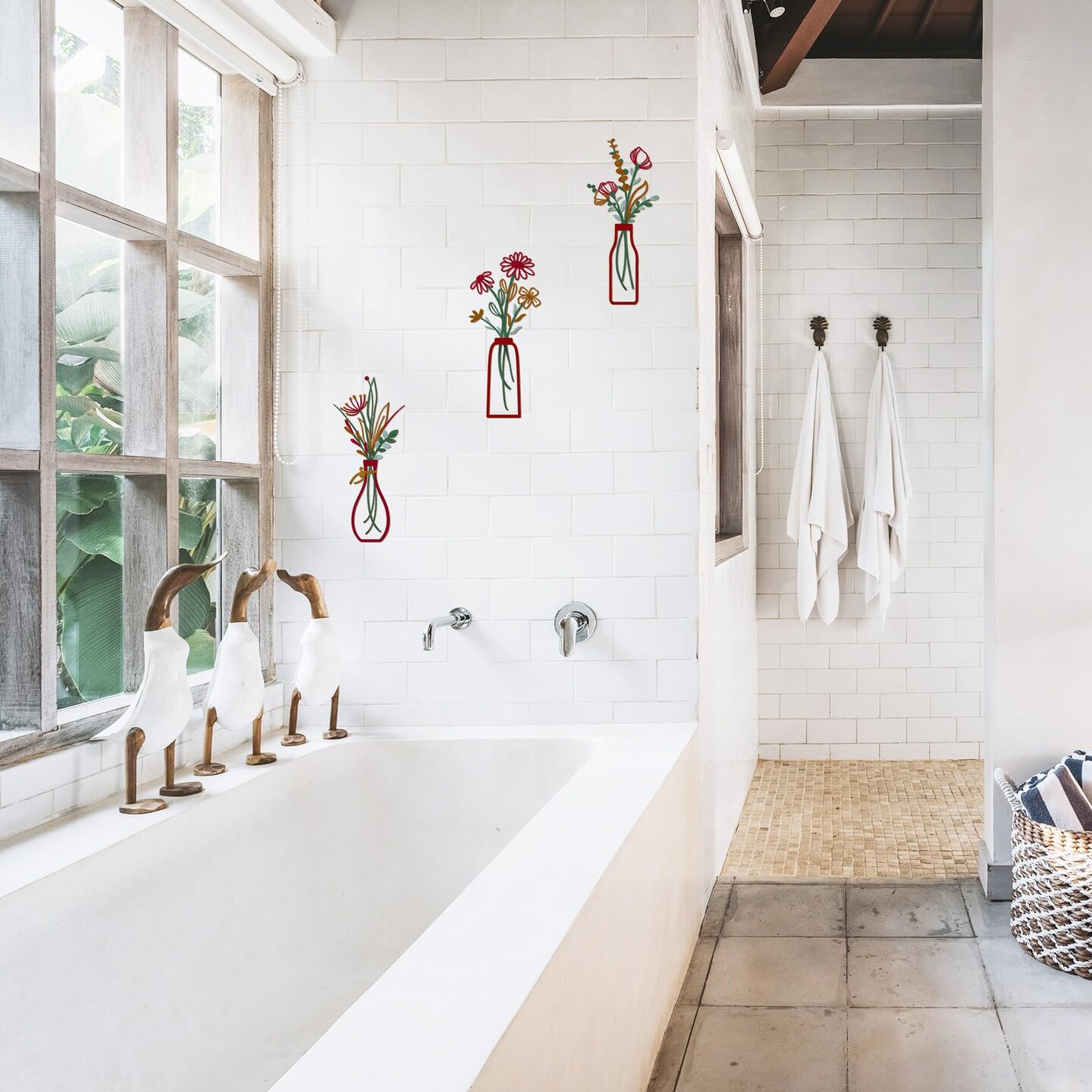 3 Pieces Metal Vase Flowers Wall Arts - Rustic Farmhouse Style Décor Metal Wall Art Black Minimalist Flower Natural Themed Wall Decors for Home Bedroom Dining Room Housewarming (Red, Vase-C)