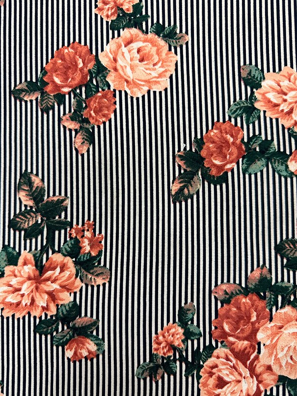 Peach Floral Black Stripe Print Double Brushed Jersey Knit Fabric By the Yard