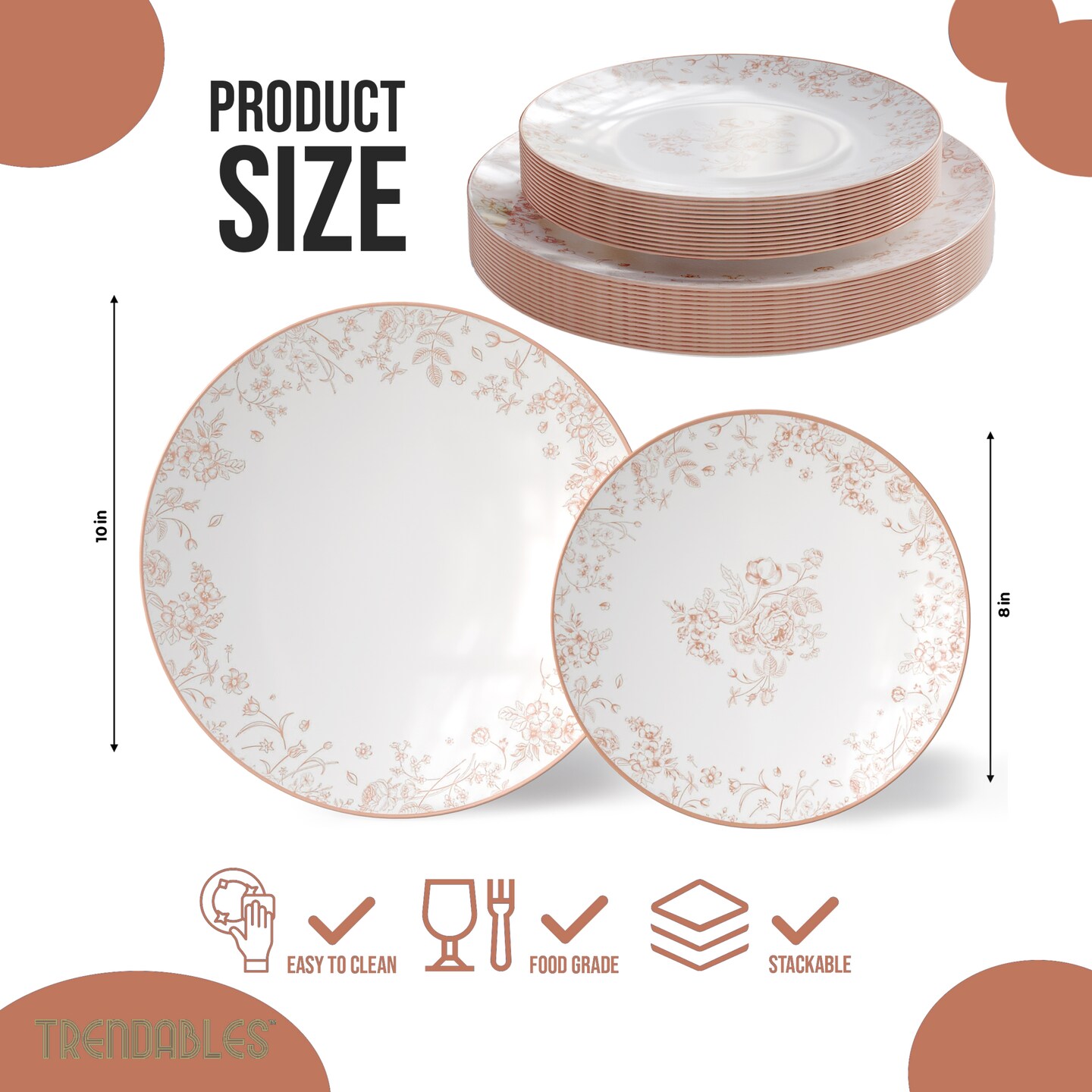 Trendables Disposable Dinnerware Decorative Plates Plastic Disposable Plates 8 Inch Dessert Plate & 10 Inch Wedding Party Plate Set
