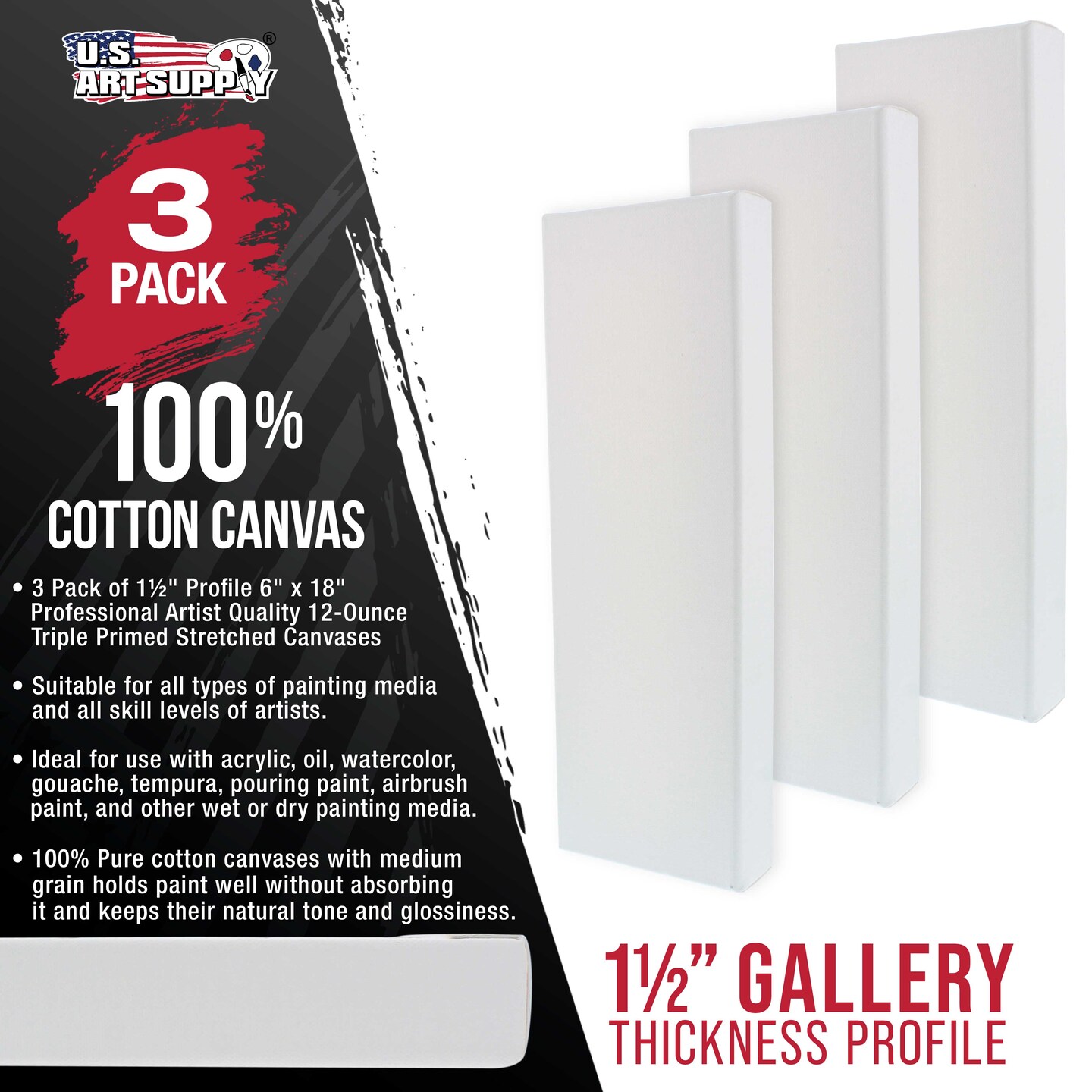 Long Stretched Canvas for Painting 6x18 inch Gallery Depth 1-1/2" Thick, 3-Pack - 12oz Acrylic Gesso Triple Primed, Professional Artist Quality, 100% Cotton - Pouring, Oil Paint