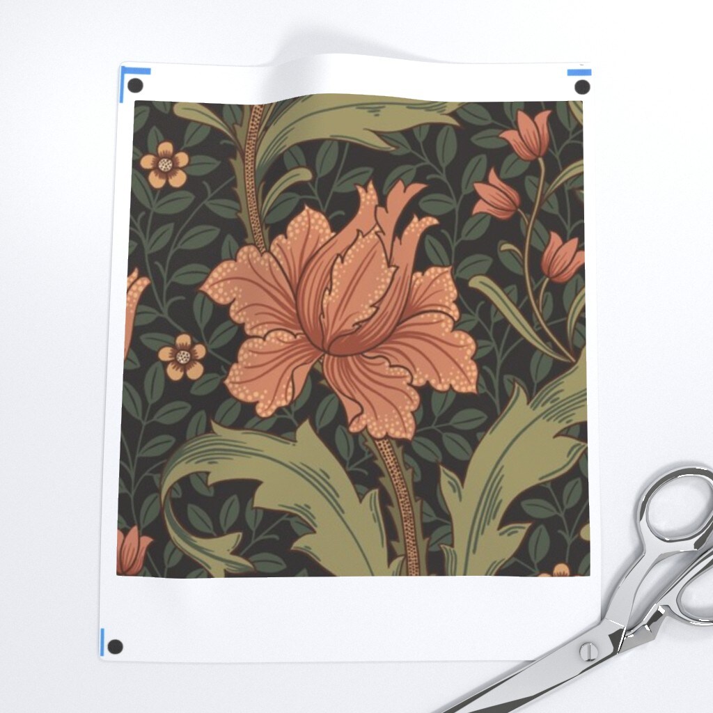 Green Pink Floral Vines Hand Drawn Moody Traditional Botanical Arts And Crafts Custom Printed Fabric by Spoonflower Various Fabrics by the Yard or Fat Quarter