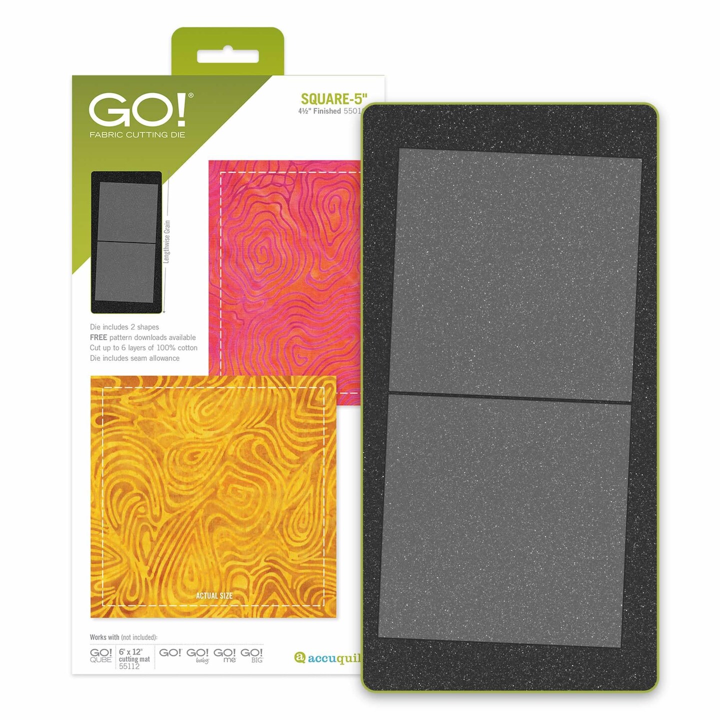AccuQuilt GO! Square-5" Fabric Cutting Die | Perfect for Quilting, Appliqué, DIY Projects | Cut Precise 5" Squares | Ideal for Charm Packs & Various Fabrics | Seam Allowances for Easy Alignment