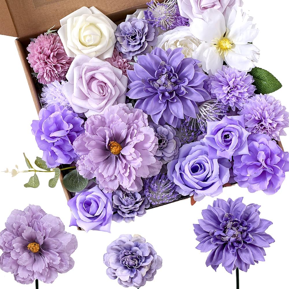 Artificial Purple Flower Bouquet – Silk Dahlias & Roses for Table Centerpieces Home Decor