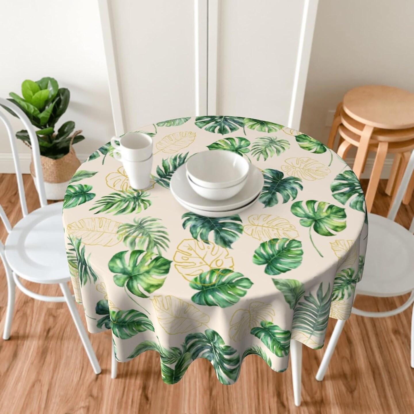 Summer Tropical Leaf Tablecloth Round Hawaiian Monstera Palm Tree Leaves Table Cover