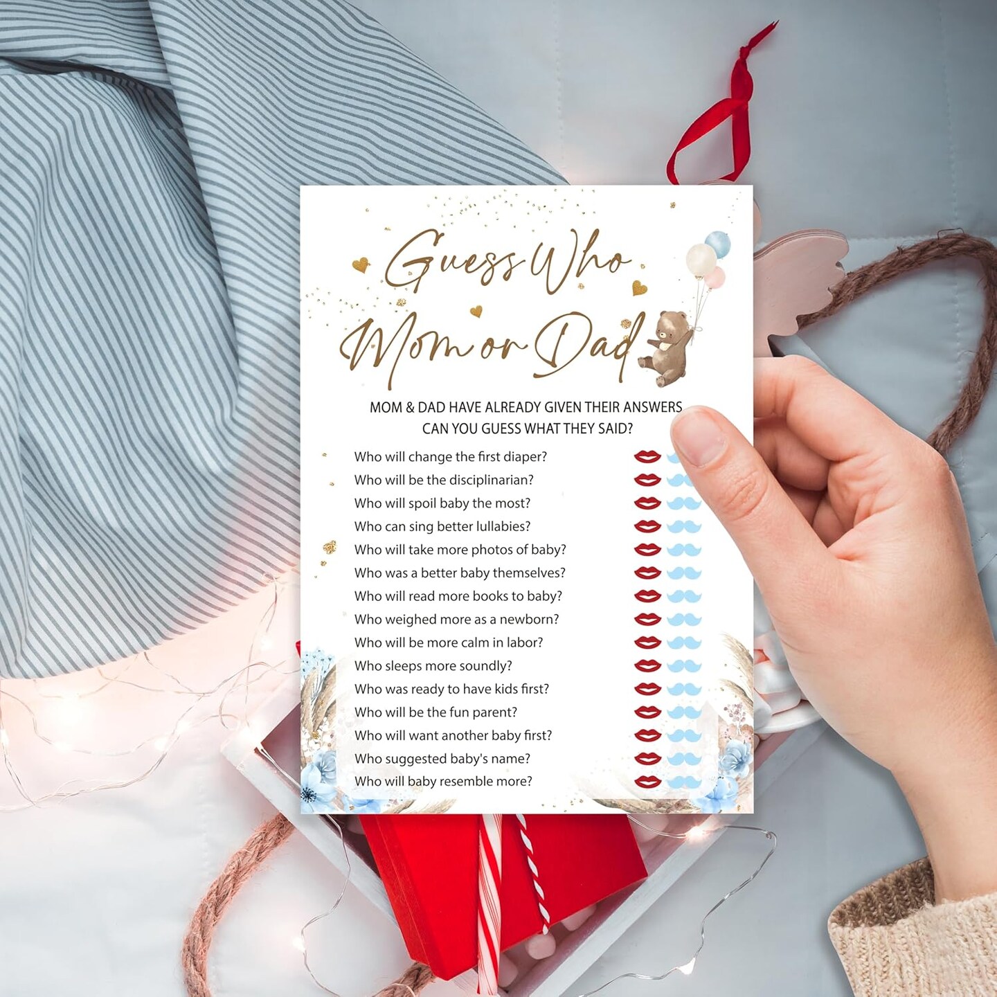 Baby Shower Games, Who Mommy Or Daddy Game, Bear Themed Blue Baby Shower Games Card for 25 Players