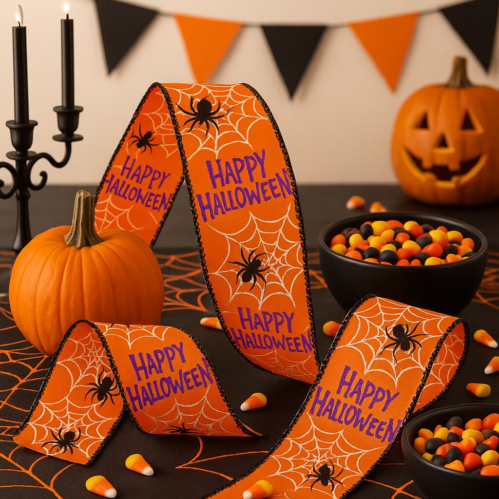 Designer’s Shop WR 63-5178 Happy Halloween Spider and Web wired edge ribbon. (2.5”x10yard)