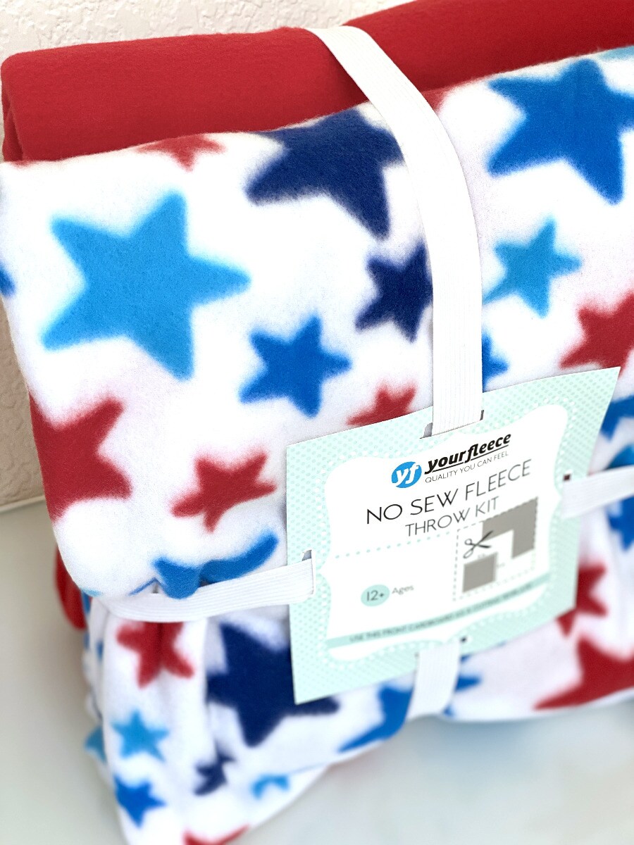 Stars Red White and Blue Anti-Pill Premium No-Sew Throw Fleece Fabric Kit (72x60)