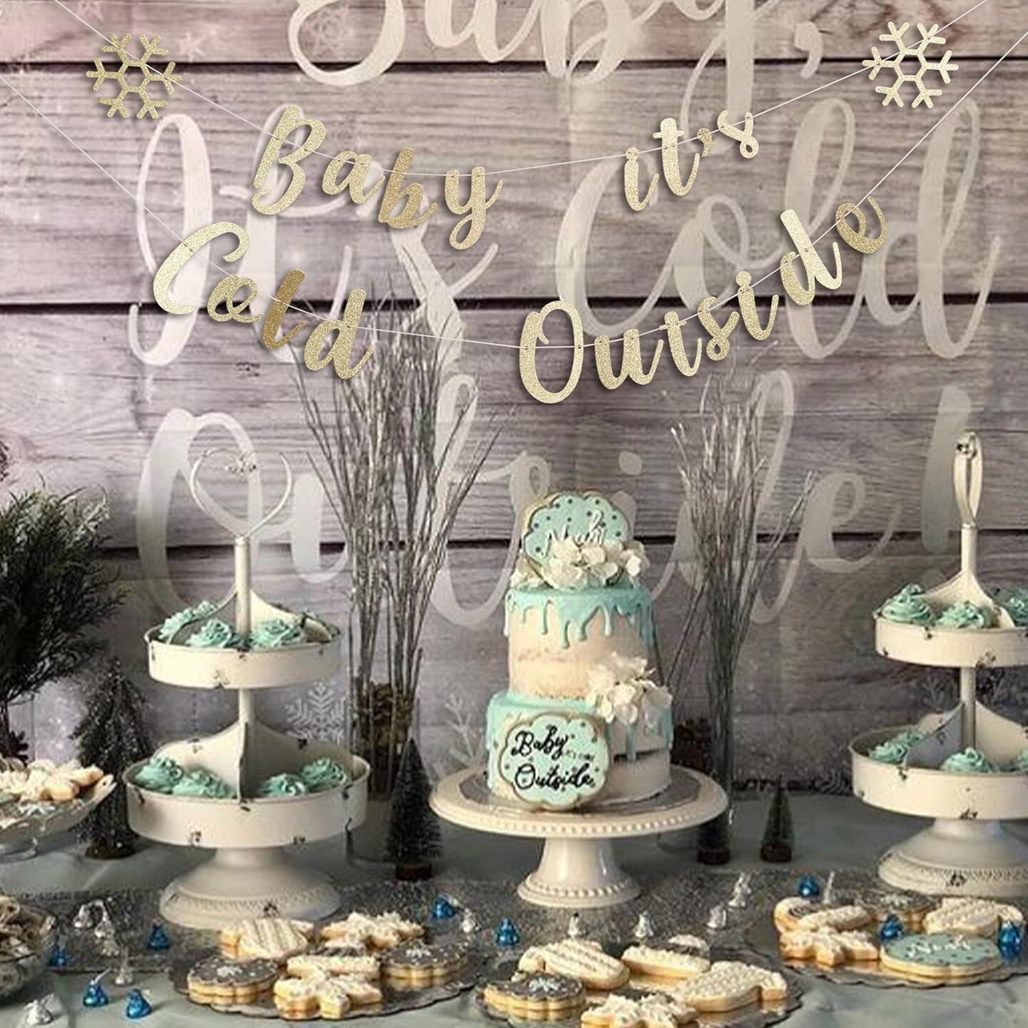 Baby It&#x27;s Cold Outside - Golden Glitter Snowflake Baby Shower Decorations,Gender Reveal Hanging Banner Sign Decor
