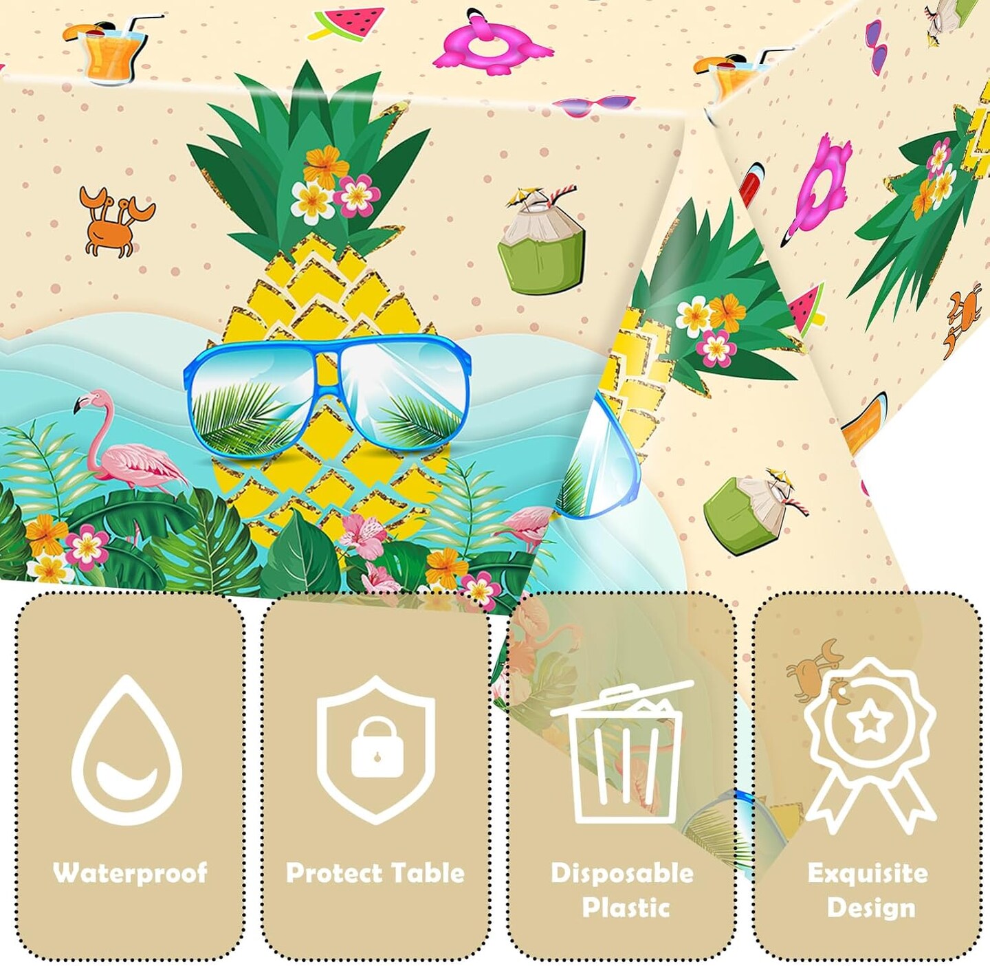 Hawaii Cloth With Pineapples and Flamingos - Plastic Tropical Luau Tablecloth