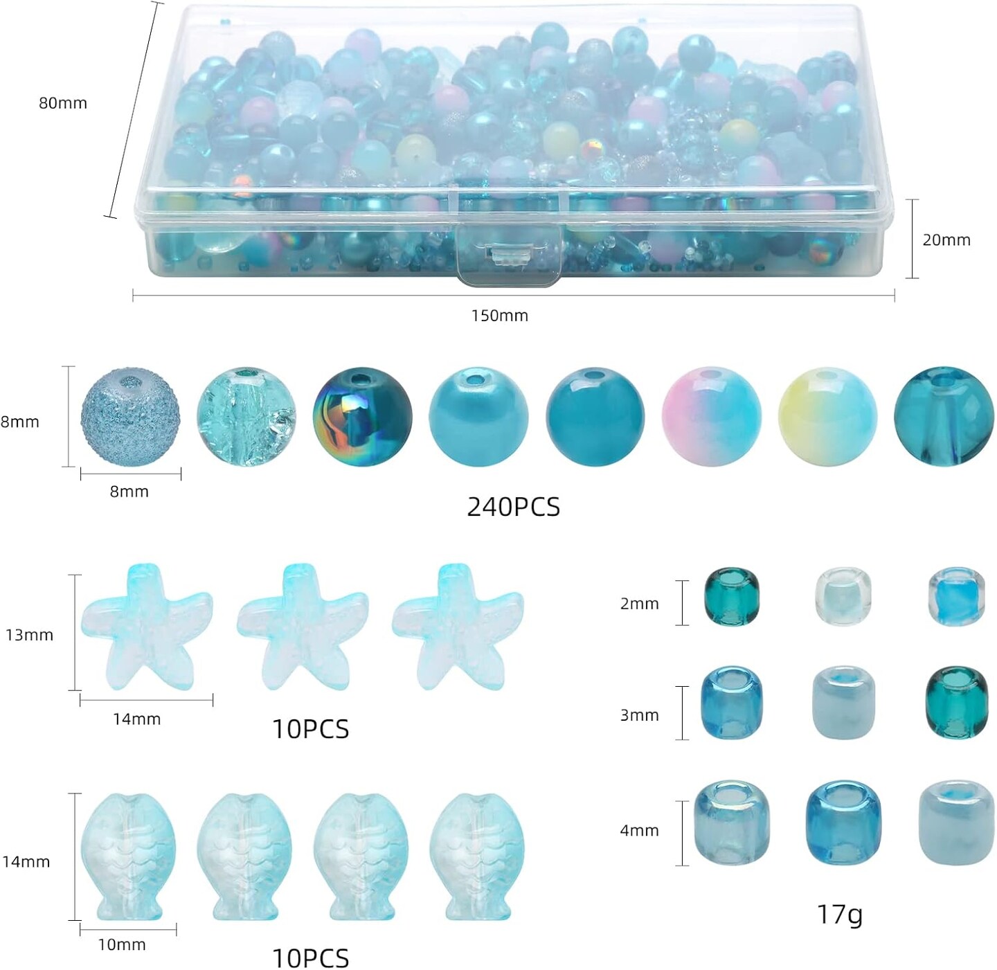 Versatile Glass Beads for Bracelet Making, 240pcs Colorful 8MM Assorted Beads with Star and Seed Varieties, Lake Blue Crystal