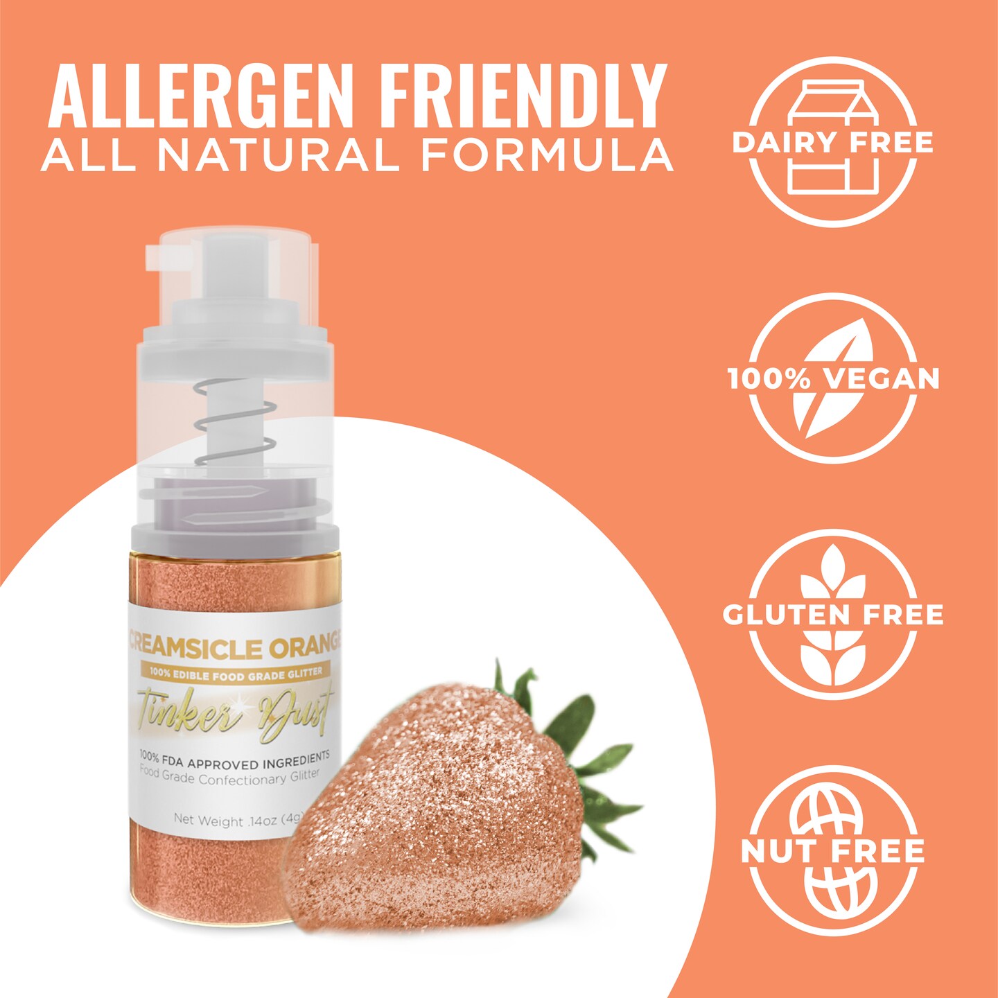 Bakell - Creamsicle Orange Tinker Dust Edible Glitter (4g, 1x Spray Pump) for Food, Desserts, and Beverages!