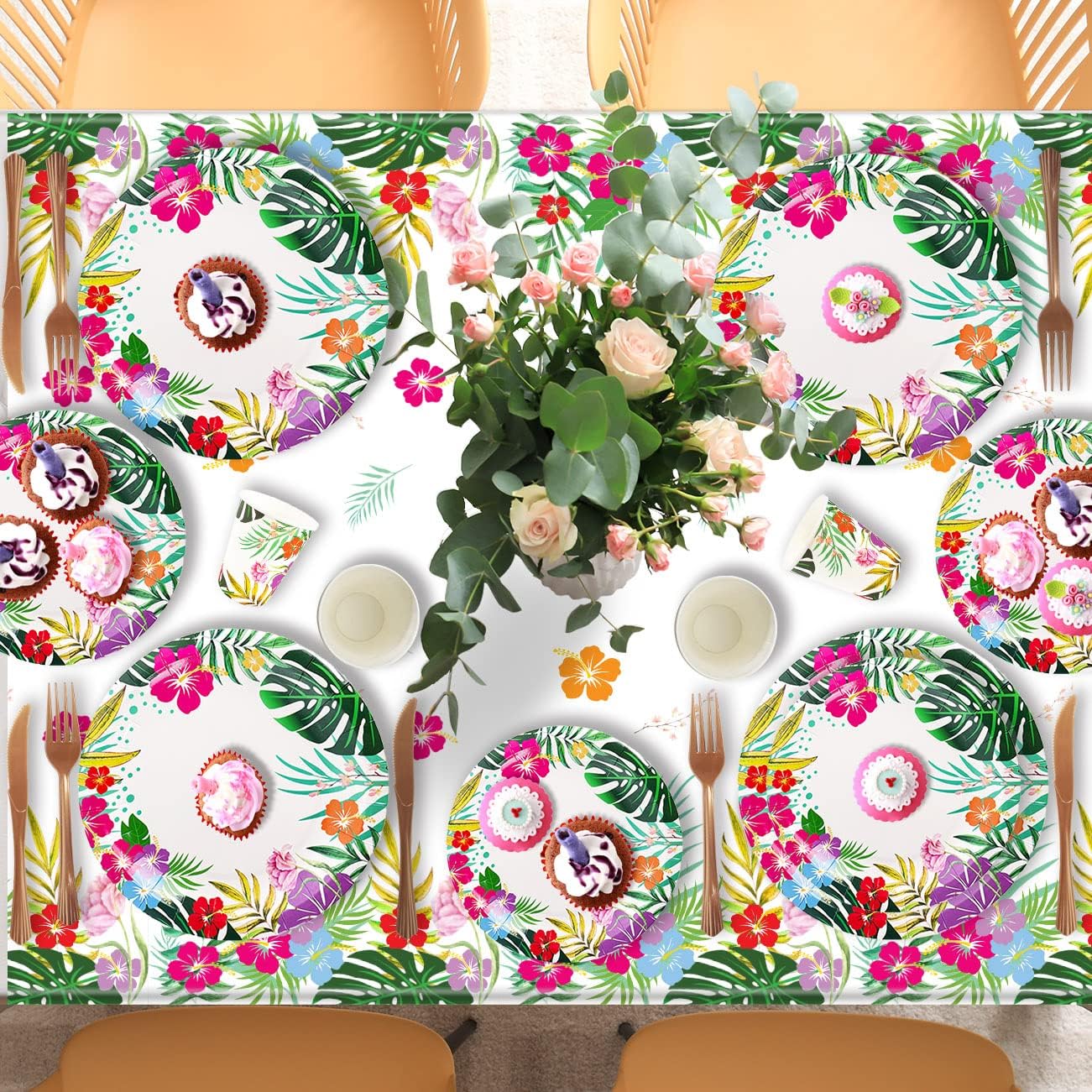 121 PCS Luau Hawaiian Party Decorations - Aloha Tropical Party Tableware Supplies Including Plates, Napkins, Cups and Tablecloth for Summer Pool and Tropical Luau Birthday Party Decor Serves for 30