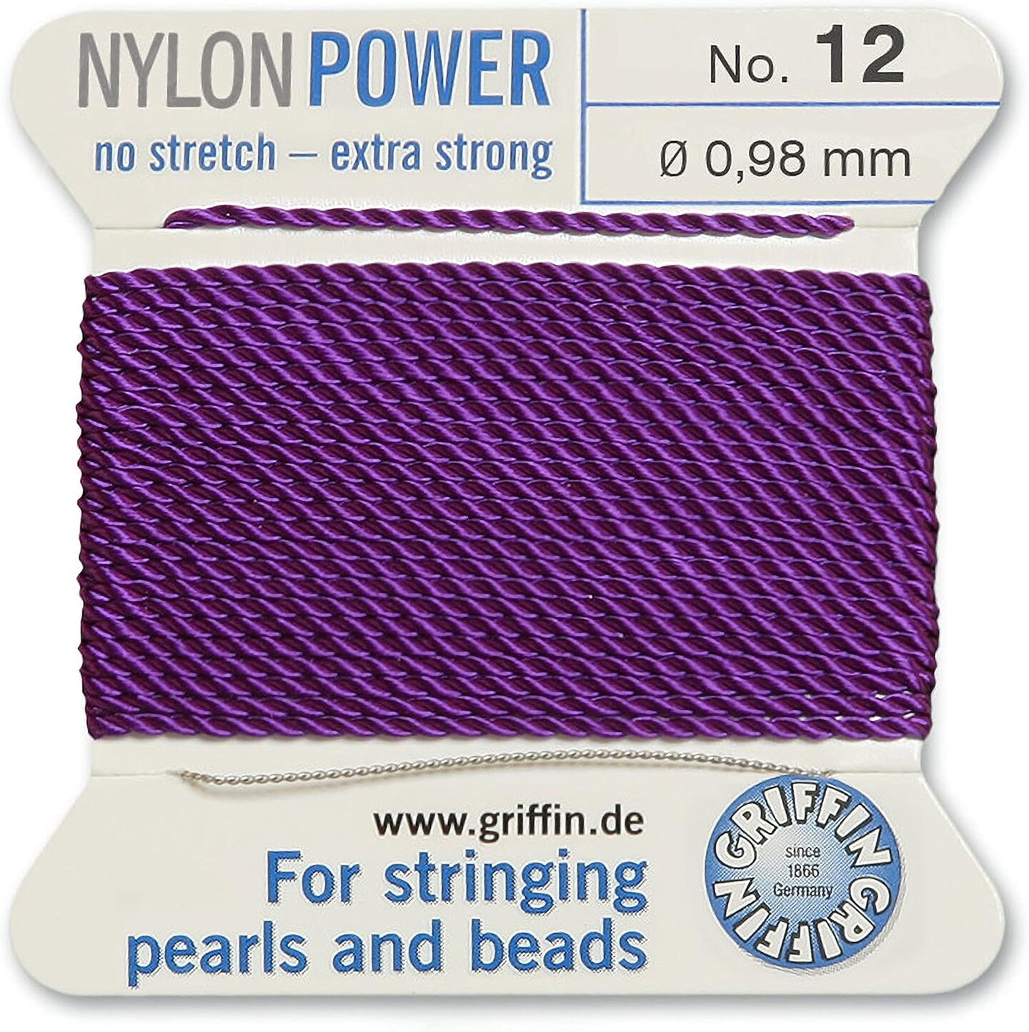 Griffin Nylon Bead Cord Perlseide – Size 12 (0.98mm) – 2 Meters per Card – Stainless Steel Needle Attached – for Knotting Pearls, Gemstones, Crystals and Beads