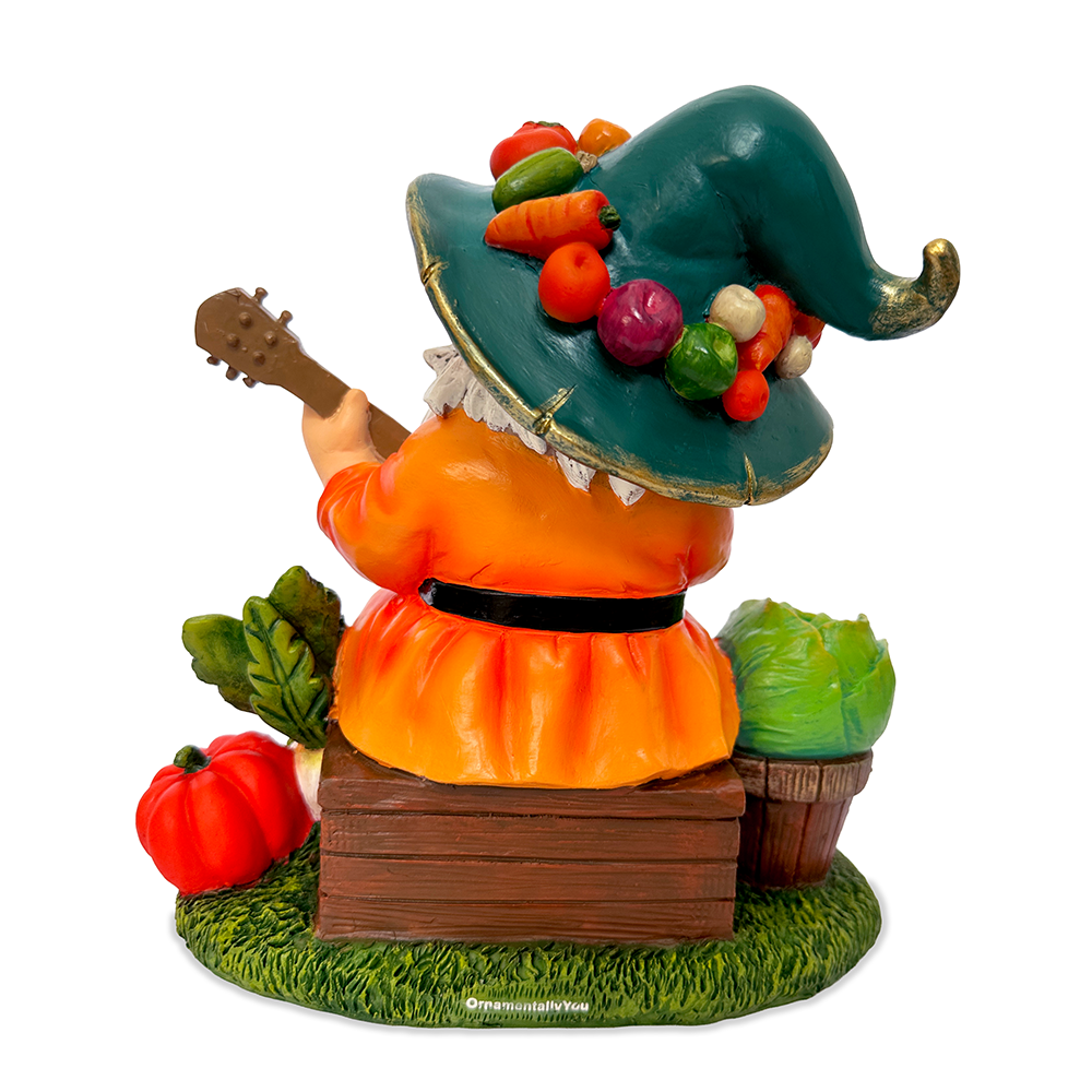 Veggie Farmer Gnome Figurine, 9" Ukulele Playing Vegetable Dwarf Garden Statue