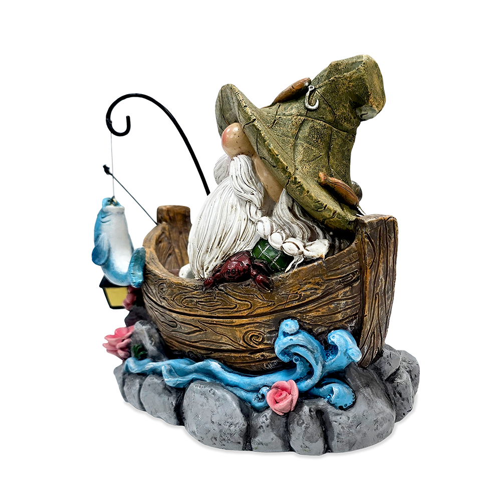 Fishing Gnome with Lantern Garden Statue, 6" Lighted Dwarf Figurine Outdoor Decor