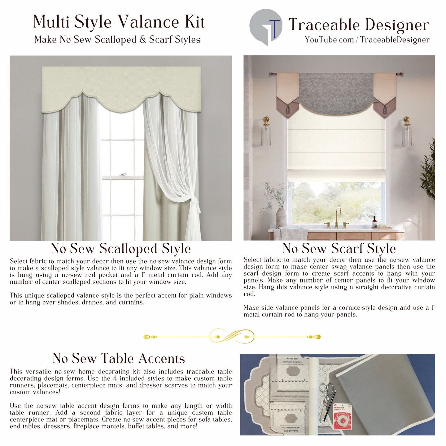 DIY Scalloped &#x26; Scarf Valance Kit &#x2013; Make Custom Window Curtains Without Using a Sewing Machine