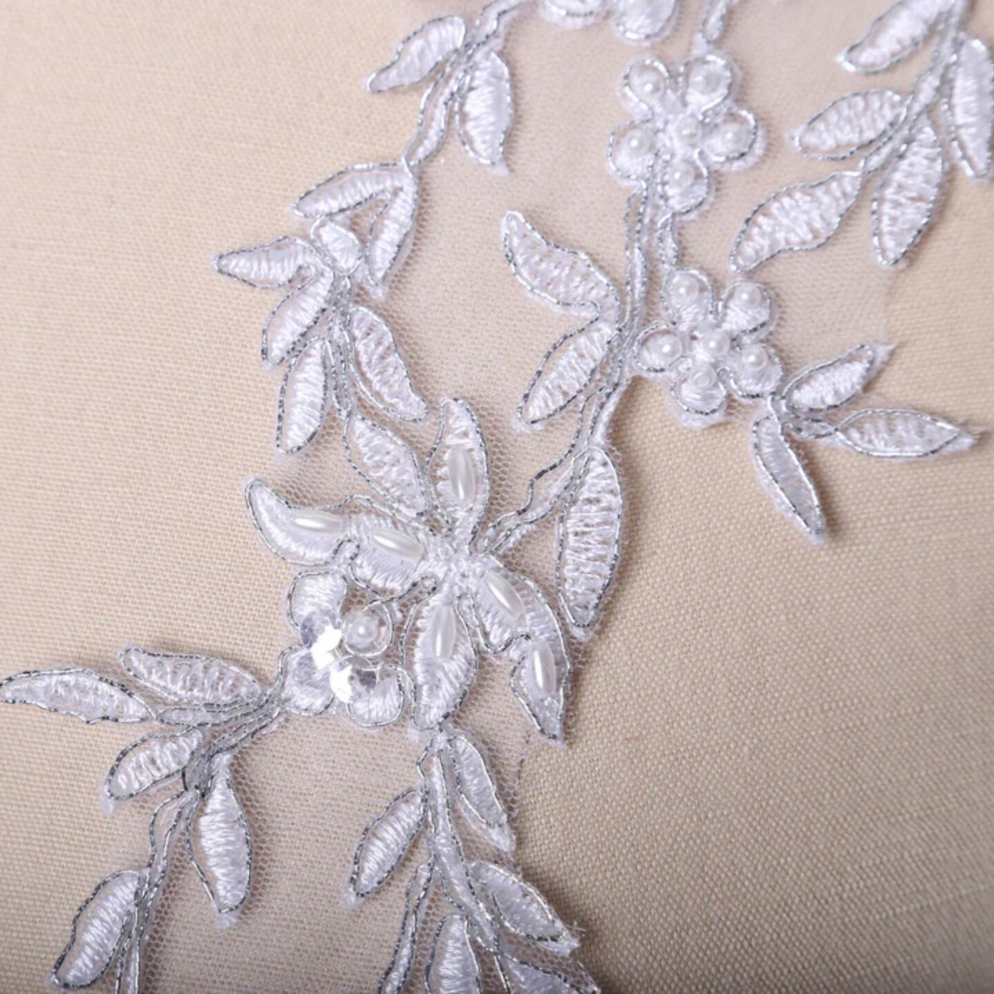 2 Pieces Gray or Silver Lace Leaf Appliques 10" with Beaded Embroidery Chiffon for Gowns & Costumes