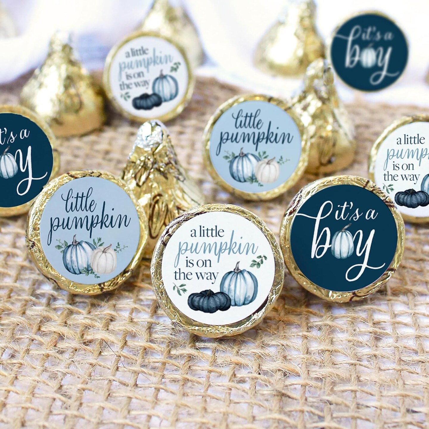 Blue Little Pumpkin Boy Baby Shower Kisses Candy Stickers