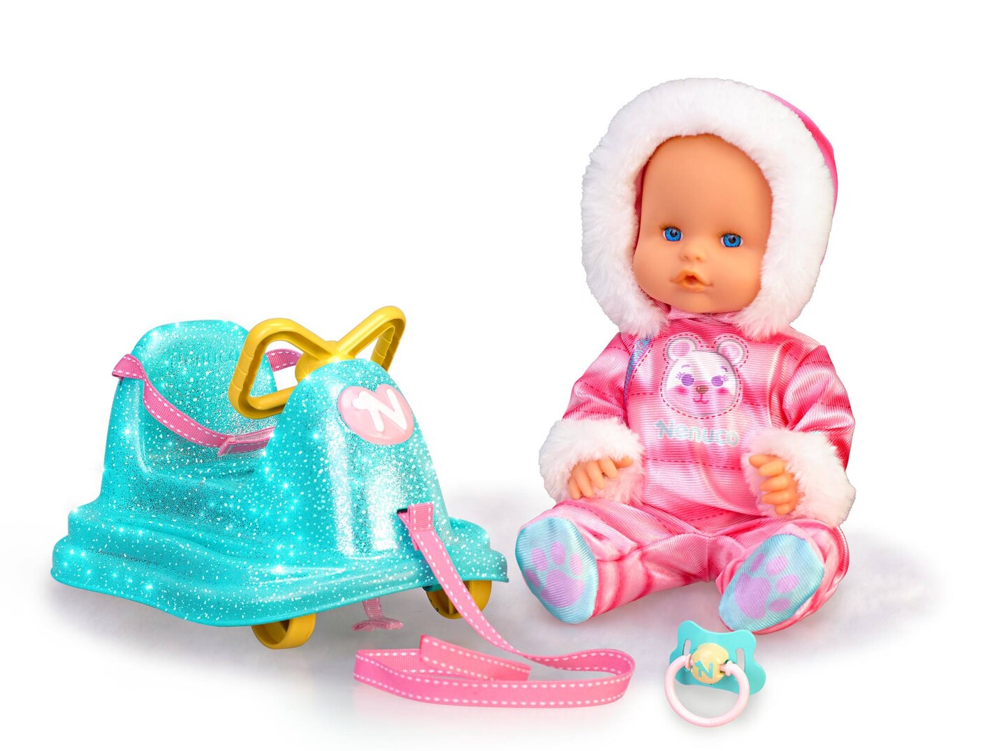 Nenuco 14&#x22; Baby Doll in Ski Suit and Sleigh Accesssory On Wheels With Color Chaning Nose, For Ages 2+