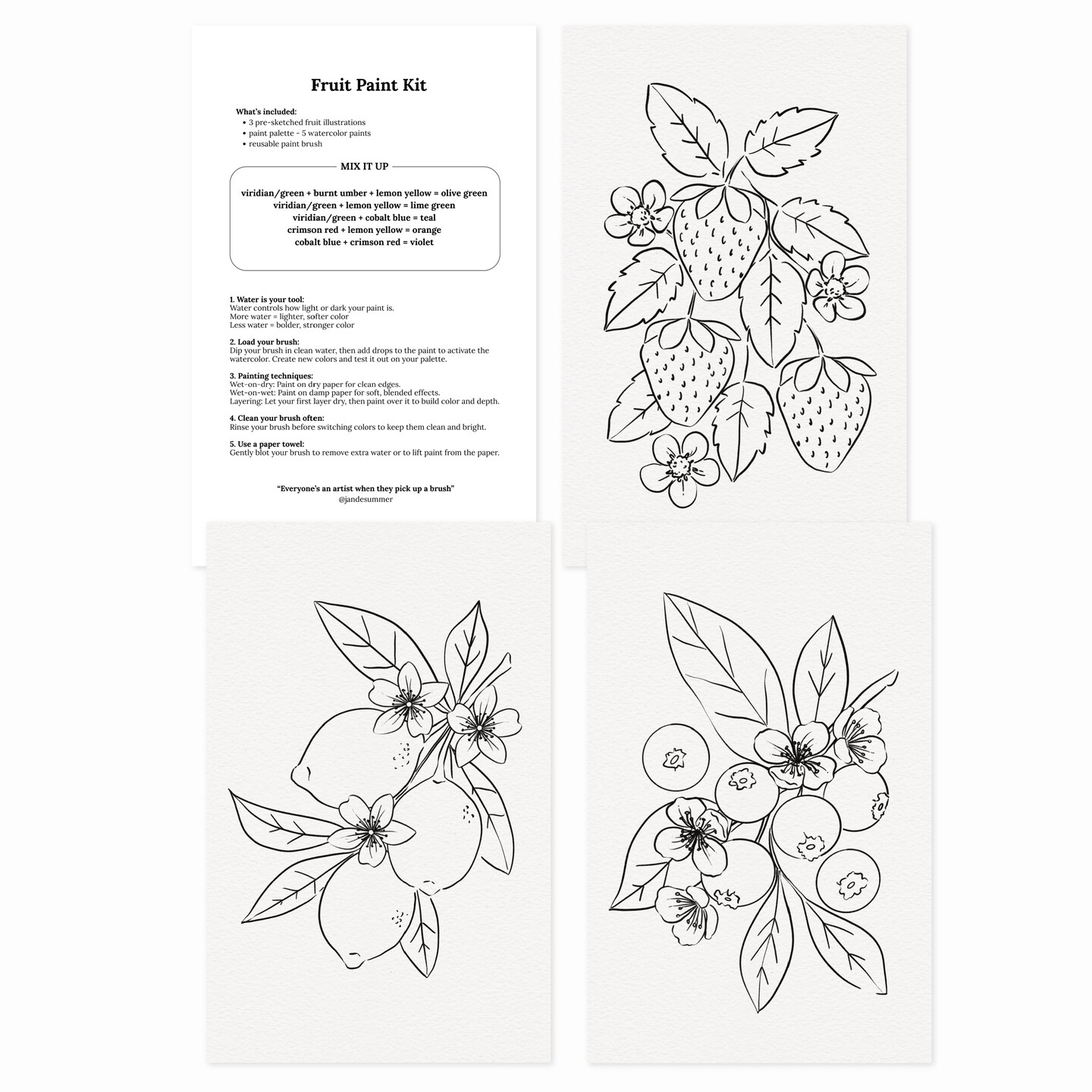 3PK Fruit Watercolor Paint Kit with Sketches, Brush and Palette