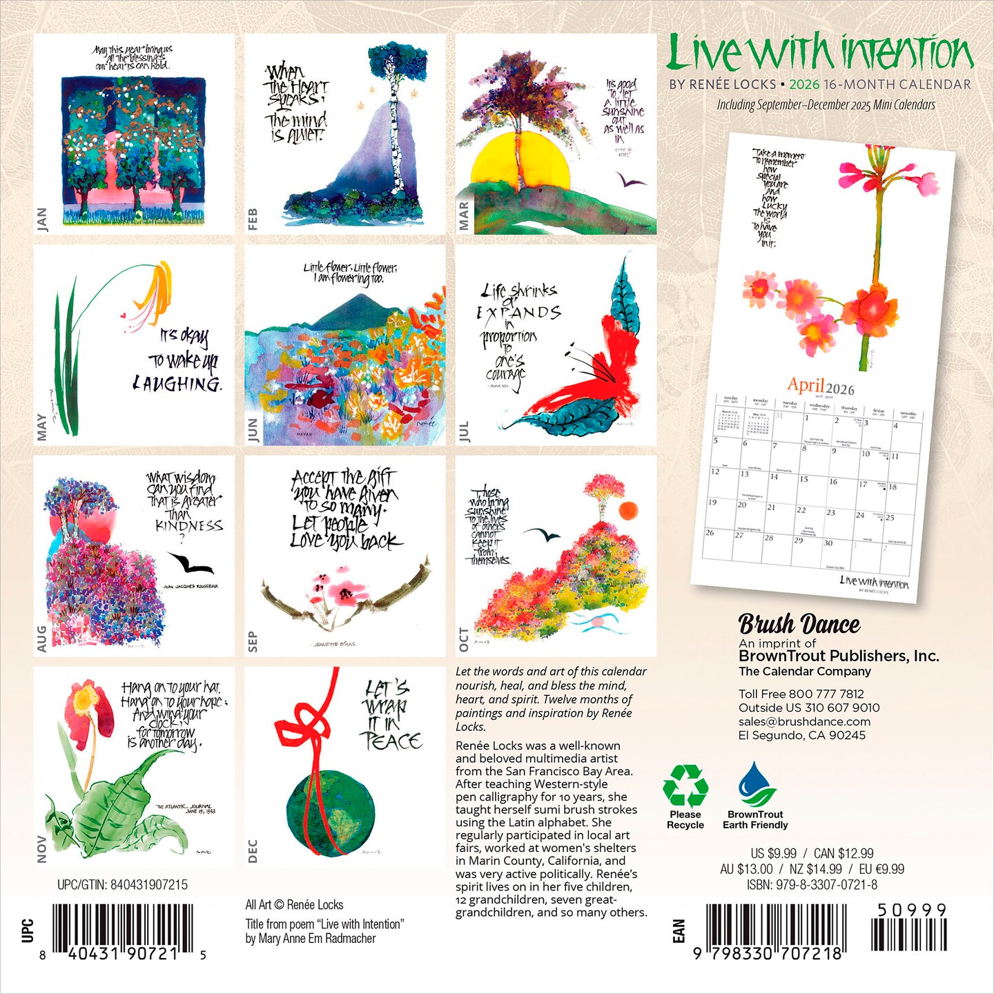 Live with Intention | 2026 7 x 14 Inch (Hanging) Monthly Mini Wall Calendar | Featuring the Artwork of Renee Locks