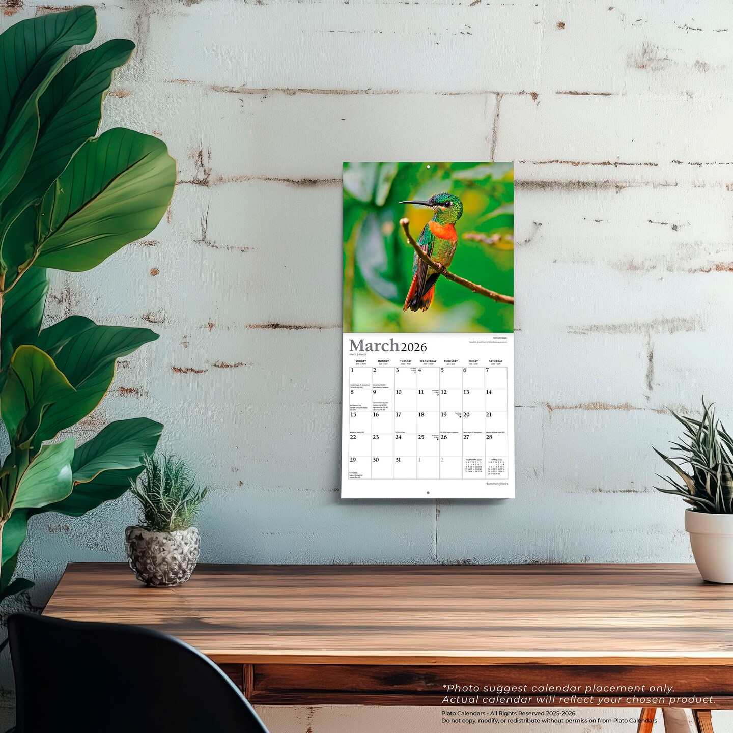 Hummingbirds | 2026 7 x 14 Inch (Hanging) Monthly Mini Wall Calendar | Foil Stamped Cover