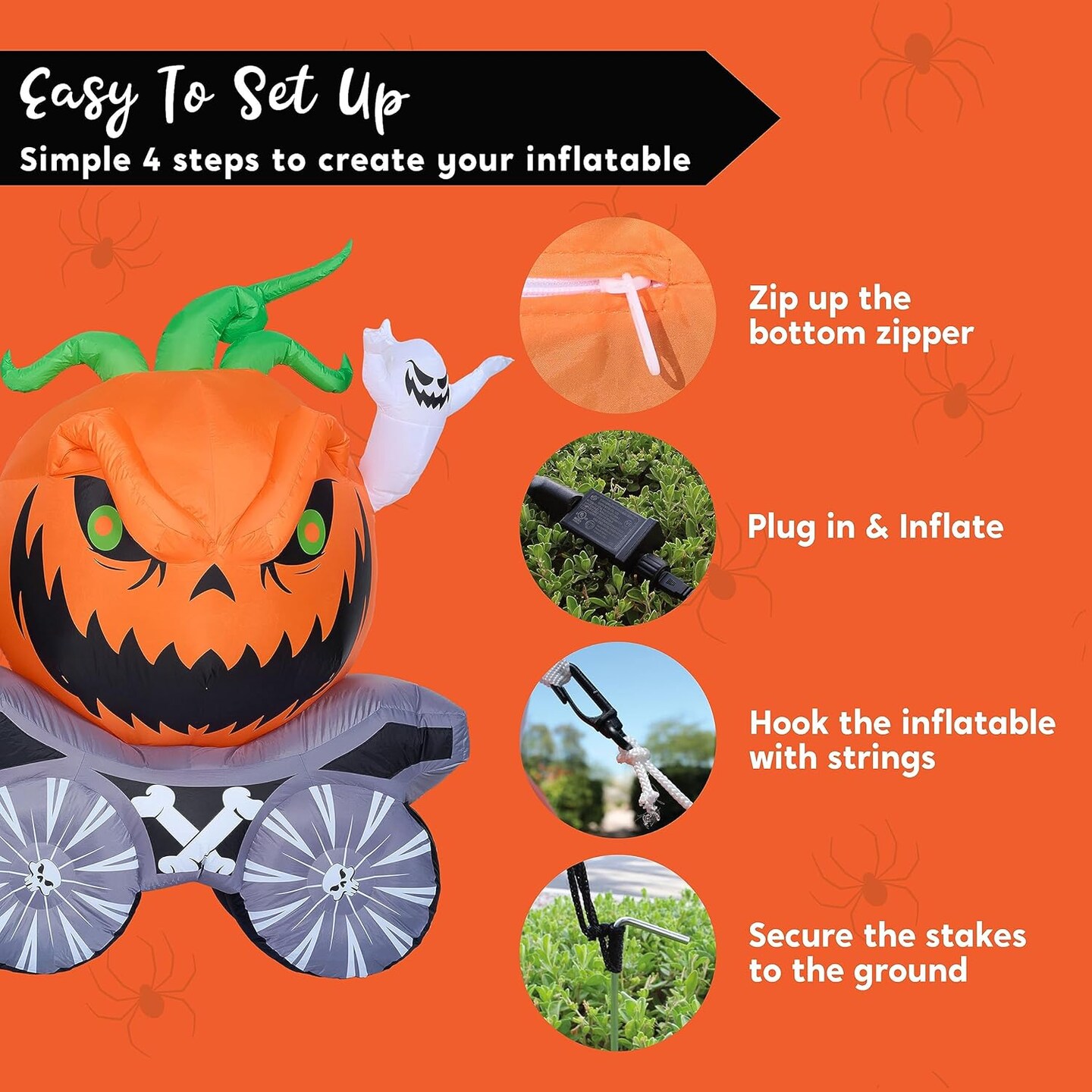 Halloween Inflatables Pumpkin Carriage Outdoor Decorations, Blow Up Pumpkin Carriage with Build-in LEDs