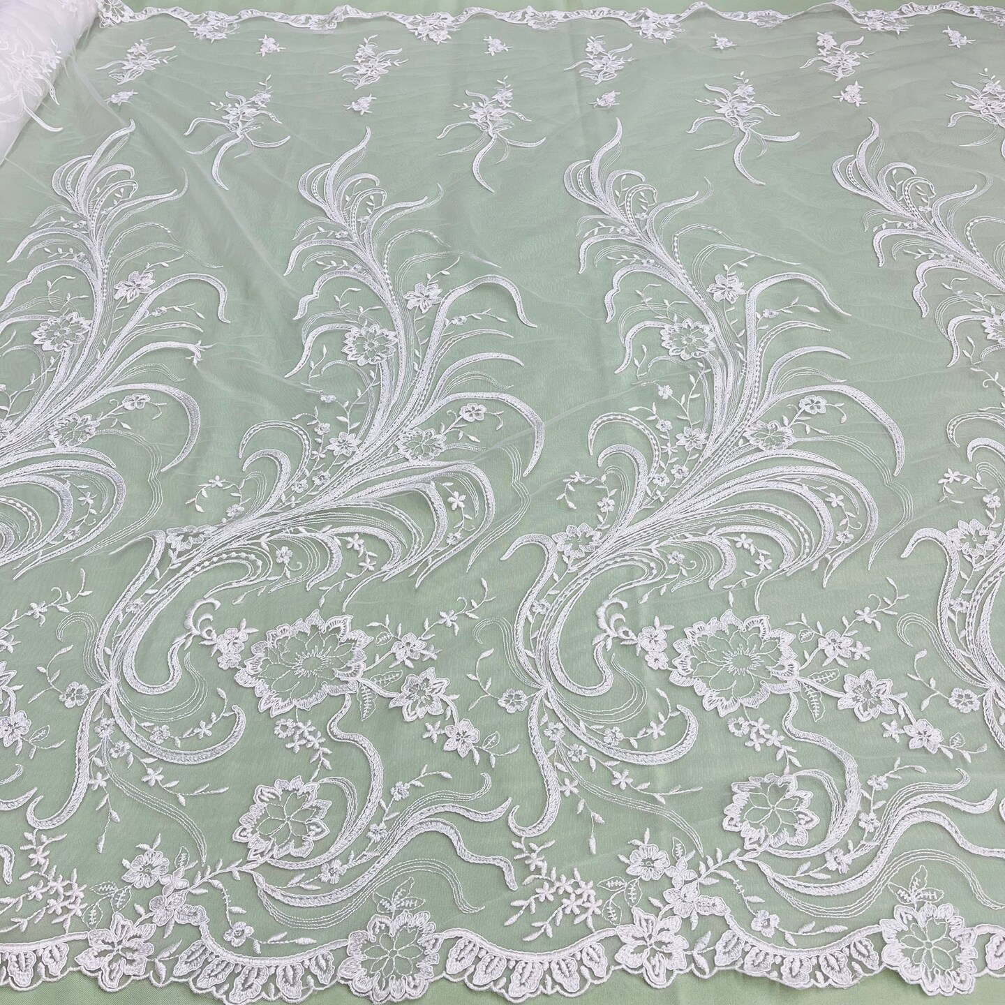1 Yard Ivory Corded Bridal Lace Fabric Embroidered Elegant Mesh 54" Width