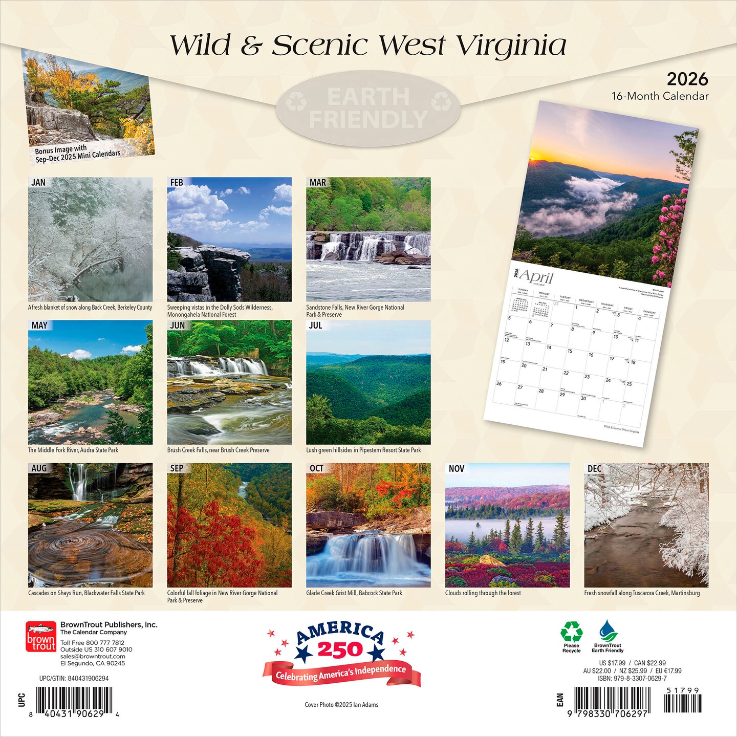 West Virginia Wild &#x26; Scenic | 2026 12 x 24 Inch (Hanging) Monthly Square Wall Calendar | Plastic-Free