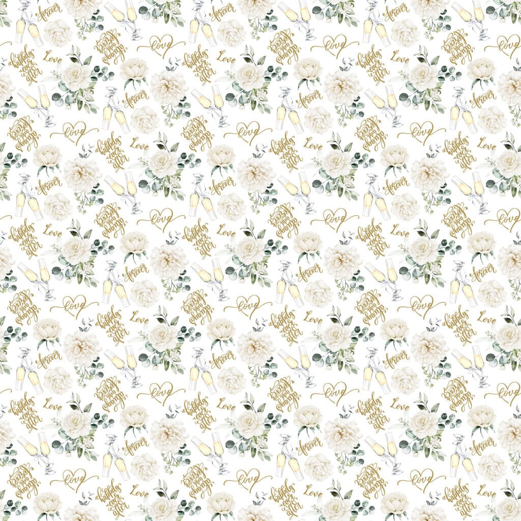 Fabric Northcott White Floral Text White Wedding by the Quarter Yard 28384-10