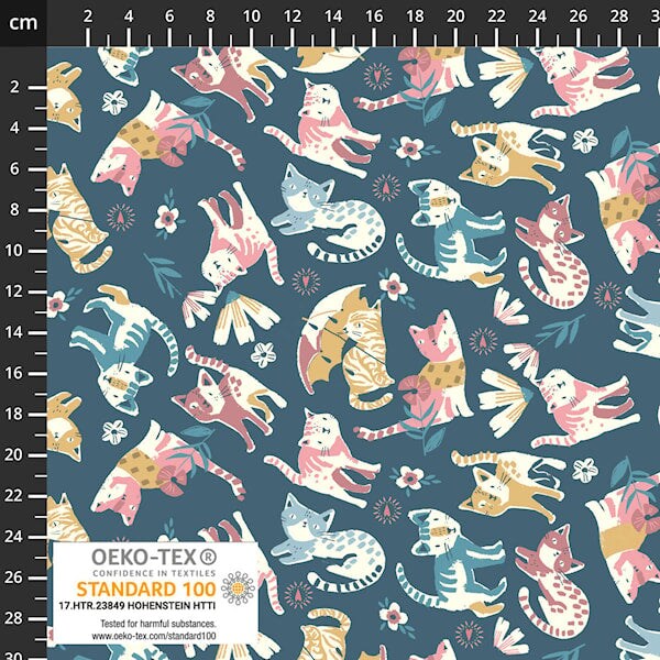 Fabric Stof Slate Cats and Flowers AVALANA Jersey by the Quarter Yard 19-1437