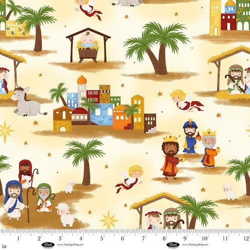 Fabric Blank Quilting Ivory Nativity Scene Away in a Manger by the Quarter Yard 4191-41