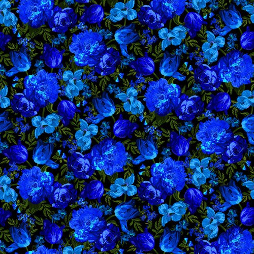 Fabric Studio E Black/Royal Midnight Floral 108" Wide Back by the Quarter Yard 8168-97