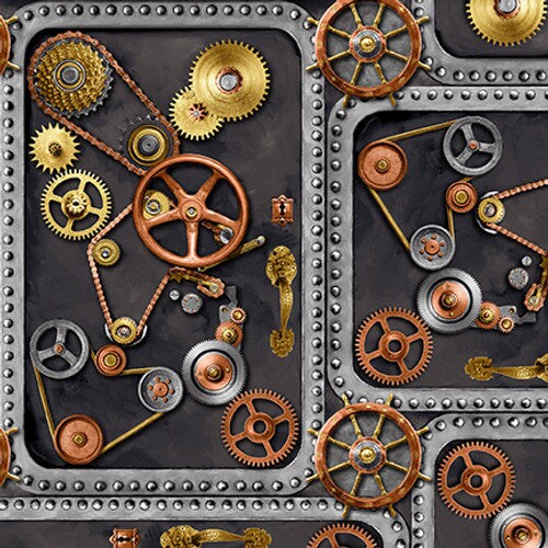Fabric Blank Quilting Charcoal Gears on Doors by the Quarter Yard 3925-95