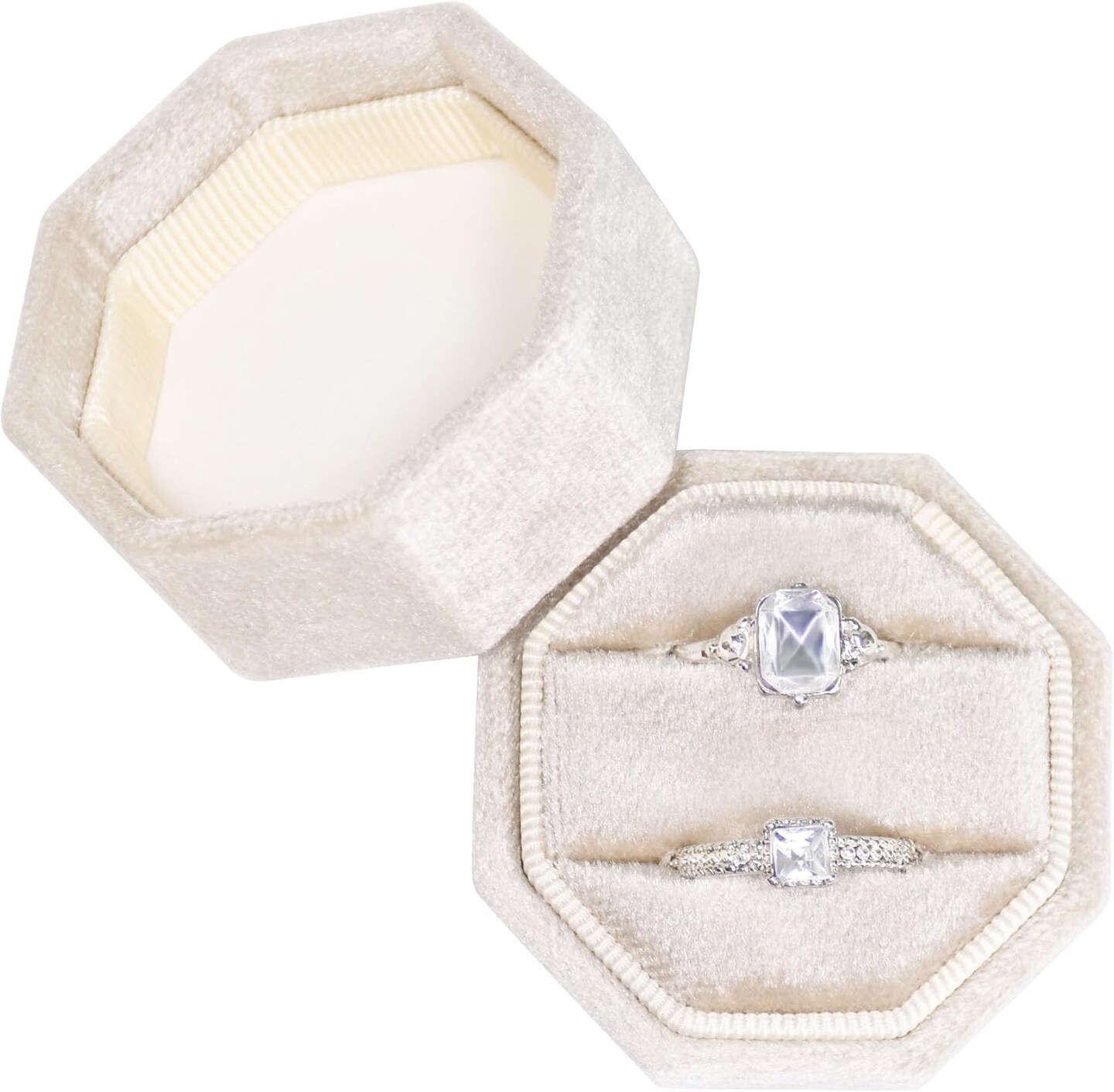 Velvet Ring Box, Ring Box 2 Slots Ring Gift Box Double Slots Octagon Ring Display Holder Case for Proposal Engagement Wedding Ceremony (Beige)