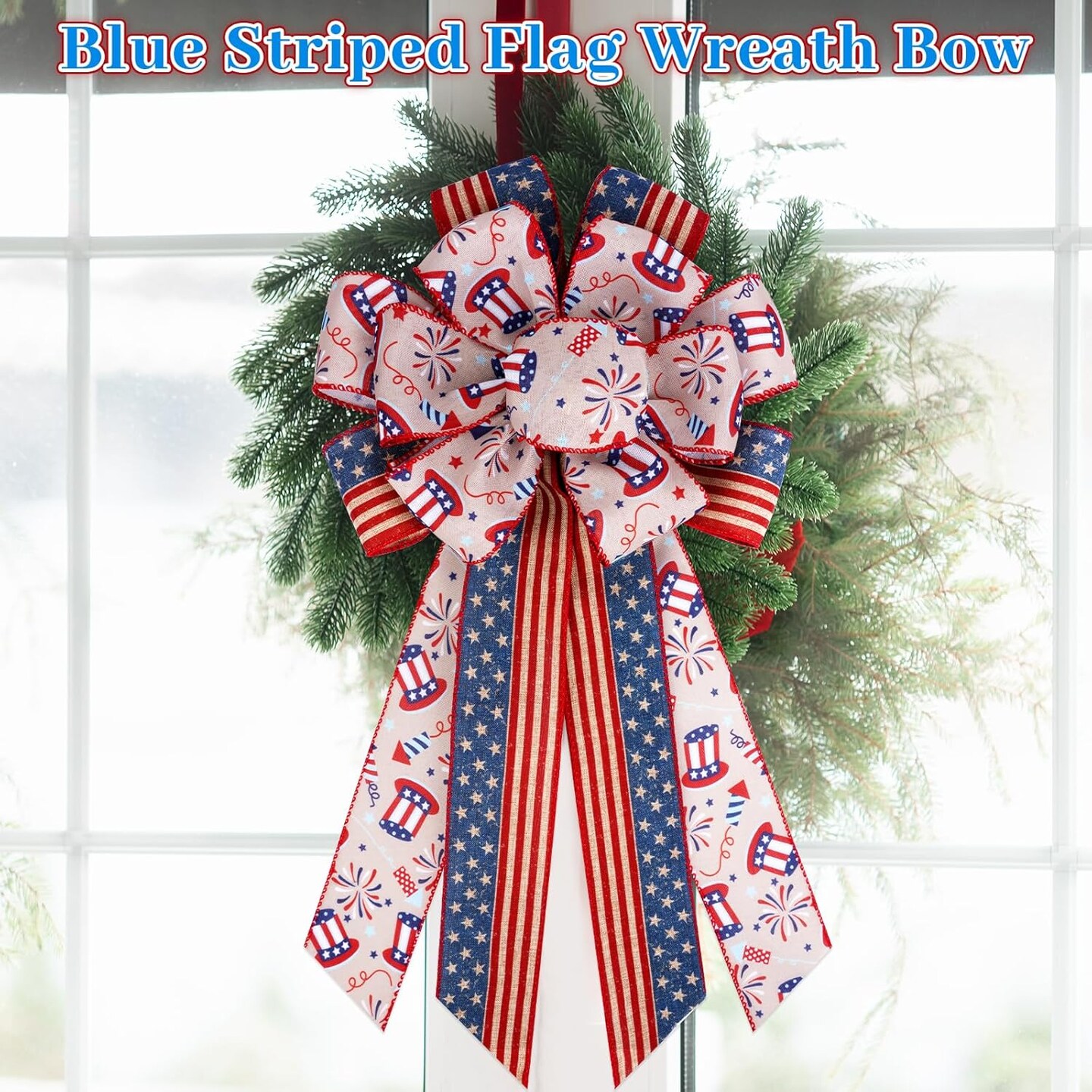 2pcs Large 4th of July Bow, Red Blue Striped Tree Topper Bows for Patriotic Wreaths, 4th of July Decorations American Flag Memorial Day Bow for Tree Topper, Window, Staircase, Front Door, Outside