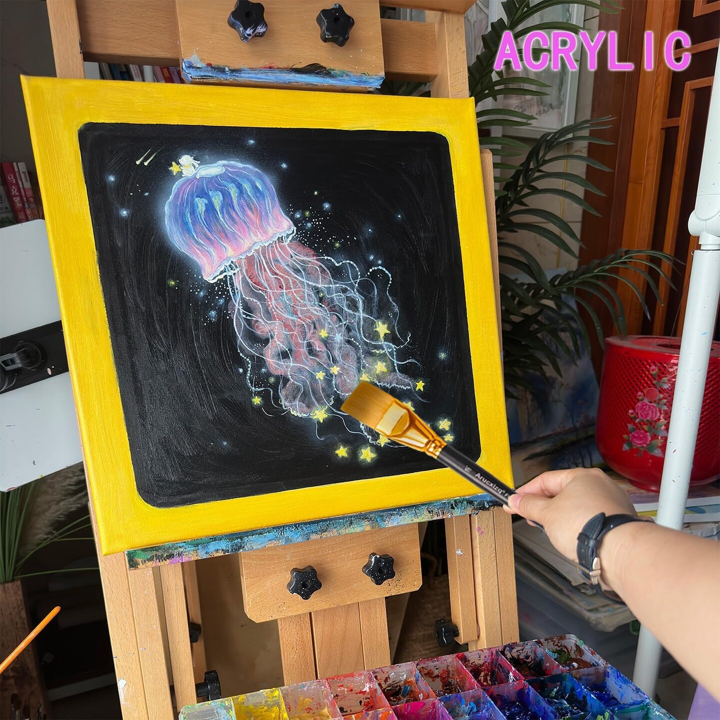 1 1/2 Inch Flat Paint Brushes 3Pcs - Large Acrylic, Oil & Watercolor Paint Brushes with Wooden Handle - Professional Artist Brush Set for Base Coating, Canvas, Crafts(3Pieces)