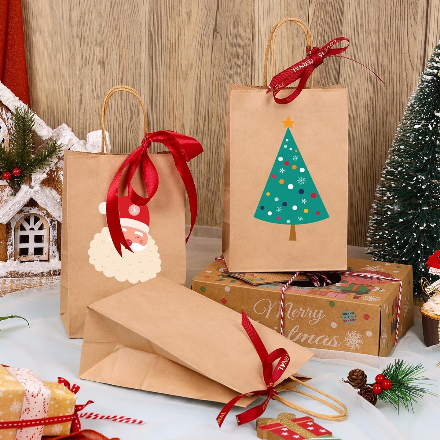 60pcs Small Gift Bags, 5.25x3.2x8in Brown Paper Bags with Handles Bulk for Gift, Shopping, Birthday, Wedding, Business Party (Kraft)