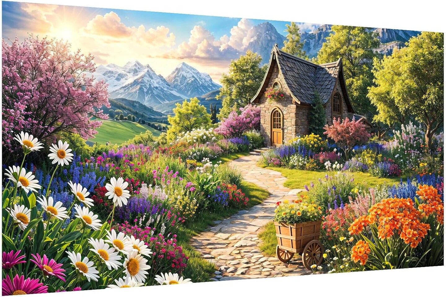 Large Landscape Diamond Painting Kits, 5D Flower House Diamond Art Kits for Adults, DIY Full Drill Sunset Mountain Diamond Painting, House Landscape Gem Art Kit for Wall Decor 27.5X15.7 Inch