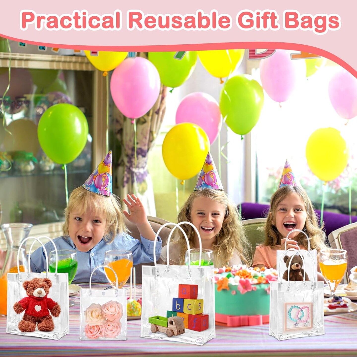 50 Pcs Clear Gift Bags with Handles - Transparent Reusable Tote Bags for Mother&#x27;s Day, Boutique, Wedding, Birthday, Baby Shower Party (5.1 x 5.9 x 2.7 Inch)